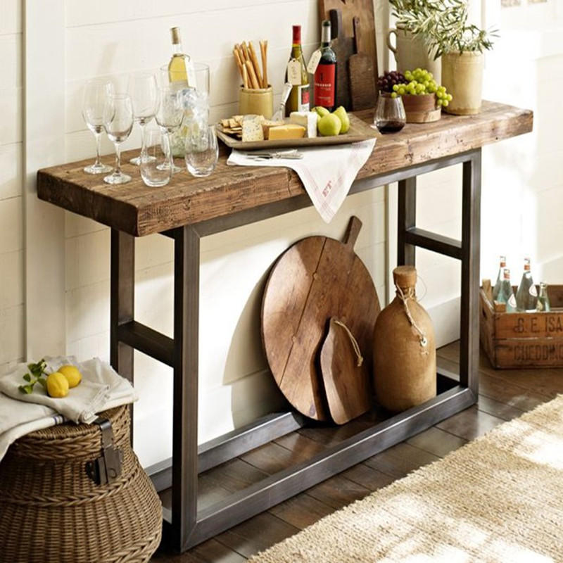 Reclaimed wood solid wood table wrought iron entryway table