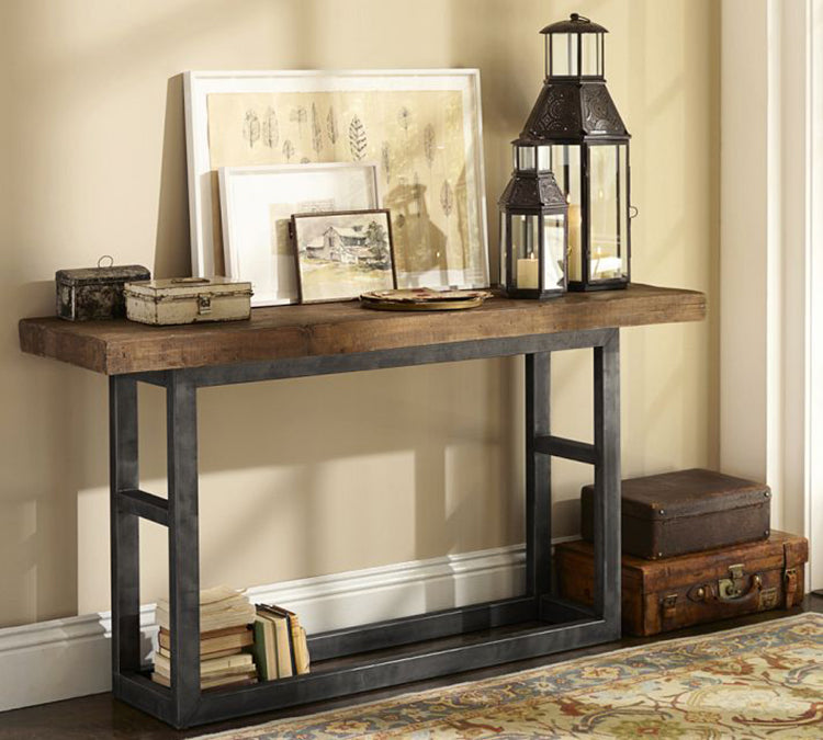 Reclaimed wood solid wood table wrought iron entryway table