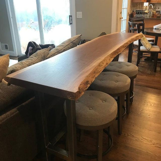 Live Edge Sofa Bar Table behind Couch Table, Industrial Style Steel Legs, Black Walnut