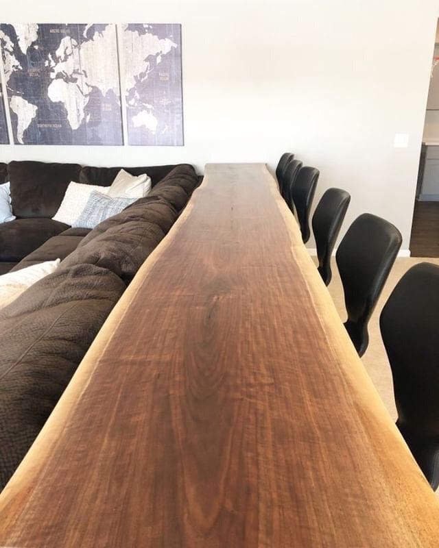 Live Edge Sofa Bar Table behind Couch Table, Industrial Style Steel Legs, Black Walnut