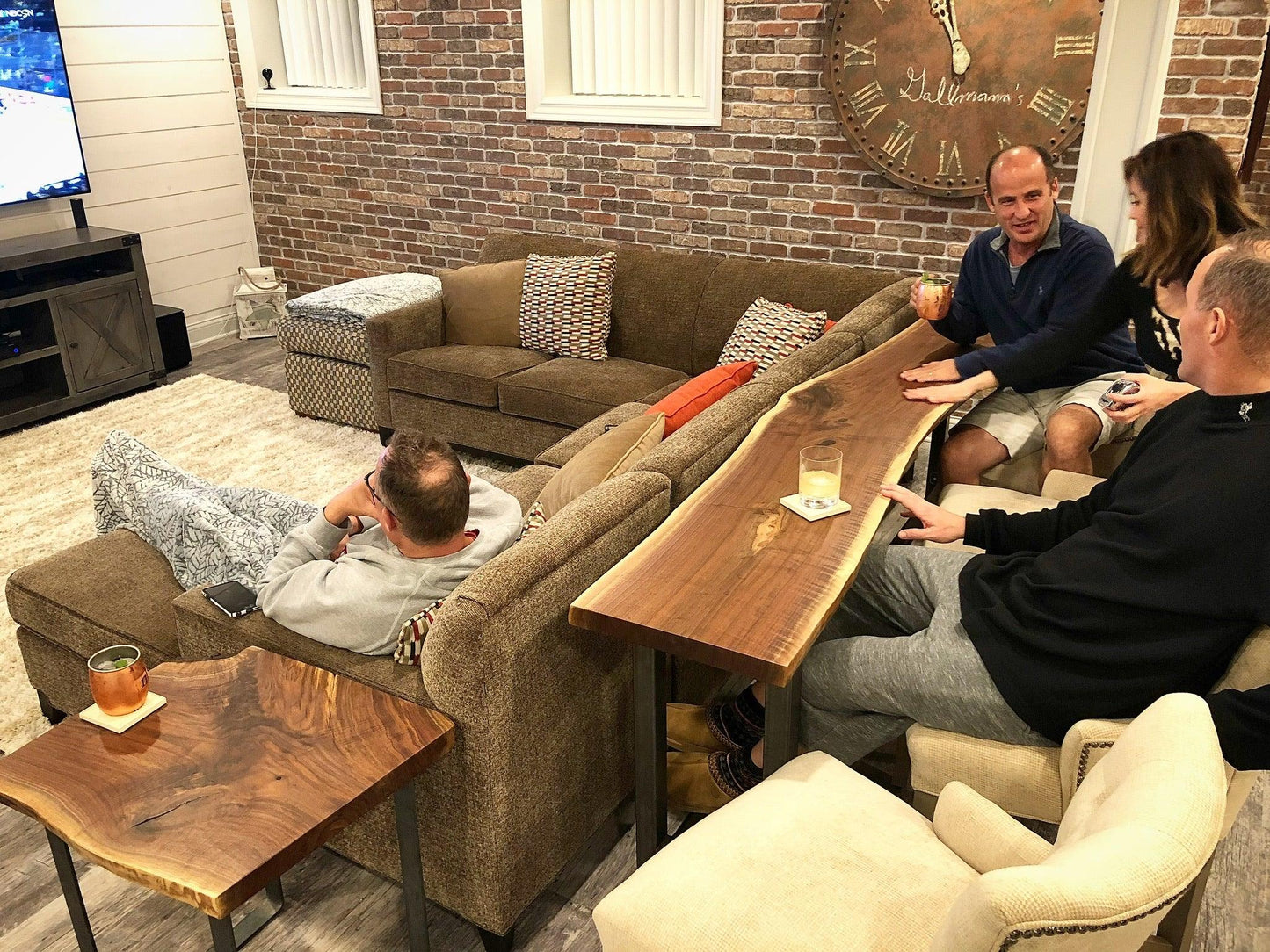 Live Edge Sofa Bar Table behind Couch Table, Industrial Style Steel Legs, Black Walnut