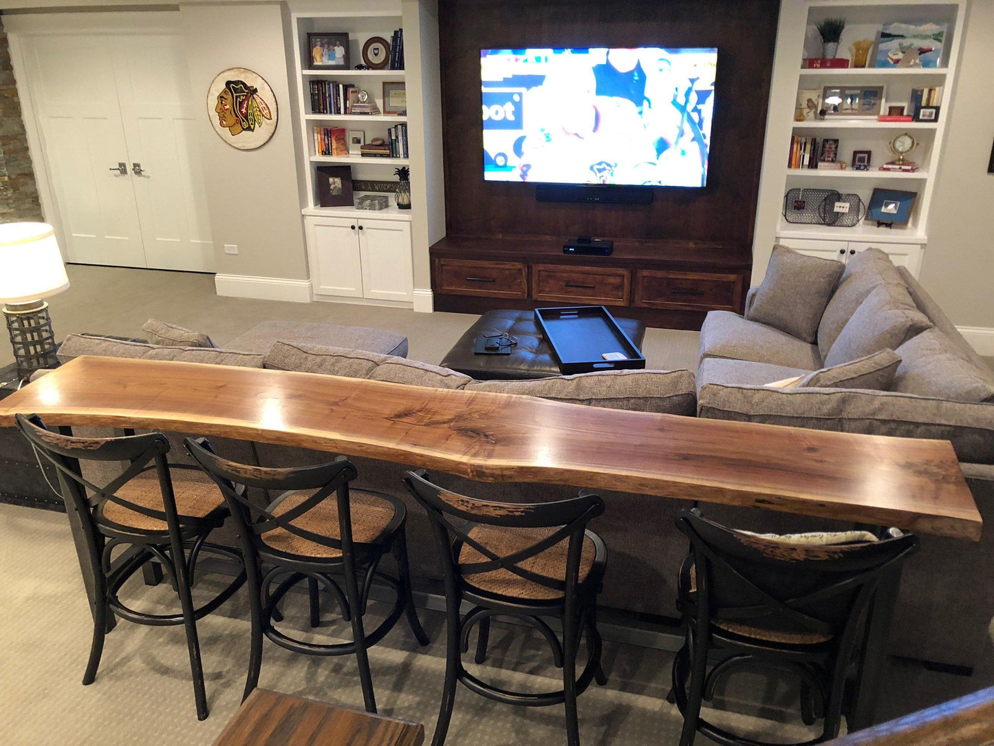 Live Edge Sofa Bar Table behind Couch Table, Industrial Style Steel Legs, Black Walnut