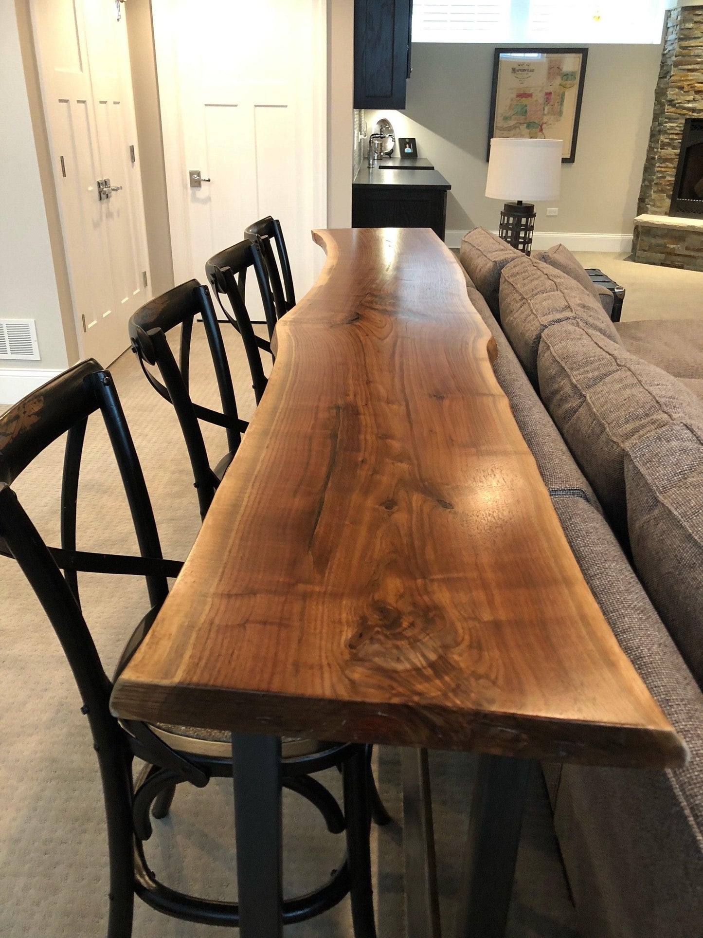 Live Edge Sofa Bar Table behind Couch Table, Industrial Style Steel Legs, Black Walnut