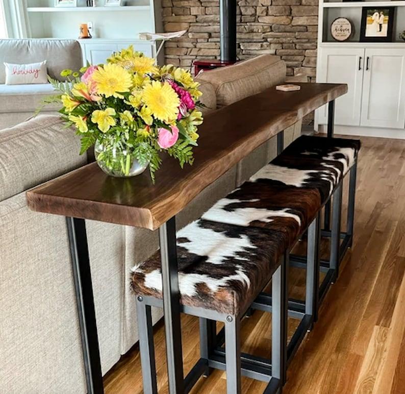 Live Edge Sofa Bar Table behind Couch Table, Industrial Style Steel Legs, Black Walnut